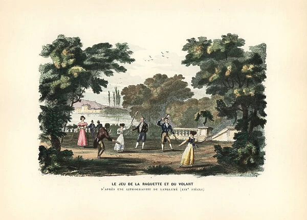 The game of badminton played in a park, 19th century