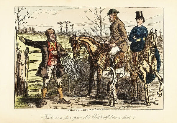 A game keeper giving directions to a couple fox hunting