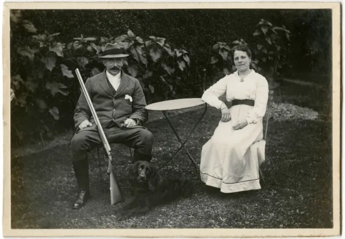 Framed Print : The Gamekeeper and his wife (and their pet black spaniel) Framed Print : The Gamekeeper and his wife (and their pet black spaniel)