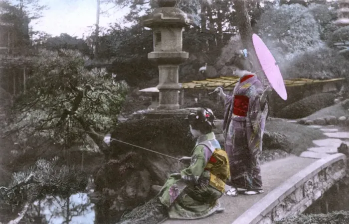 Framed Print : Garden Scene, Japan - Geisha - Fishing on small stone bridge Framed Print : Garden Scene, Japan - Geisha - Fishing on small stone bridge
