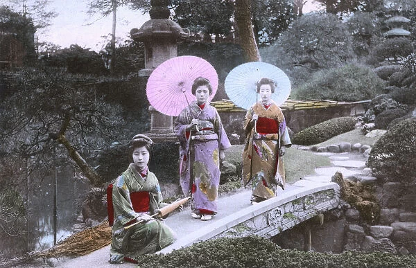 Garden Scene, Japan - Geisha - Posed on a small stone bridge