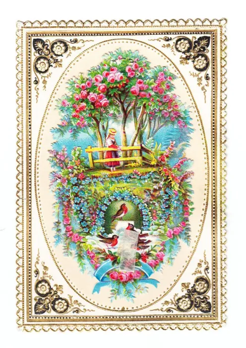Framed Print : Garden scene on an ornate greetings card Framed Print : Garden scene on an ornate greetings card