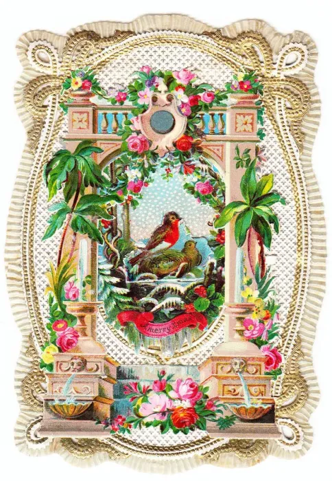 Framed Print : Garden scene with robins and flowers on a Christmas card Framed Print : Garden scene with robins and flowers on a Christmas card
