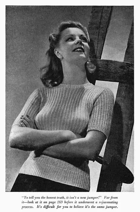 Framed Print : Gardener woman models recycled wool jumper, 1940s Framed Print : Gardener woman models recycled wool jumper, 1940s