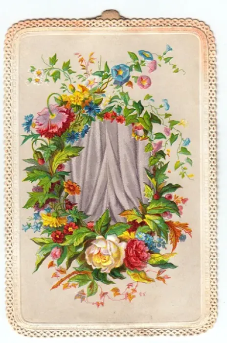 Framed Print : Garland of flowers with curtains on a greetings card Framed Print : Garland of flowers with curtains on a greetings card