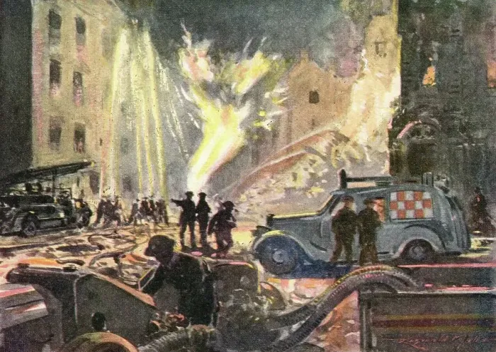 Framed Print : Gas Main alight following WWII air raid Framed Print : Gas Main alight following WWII air raid