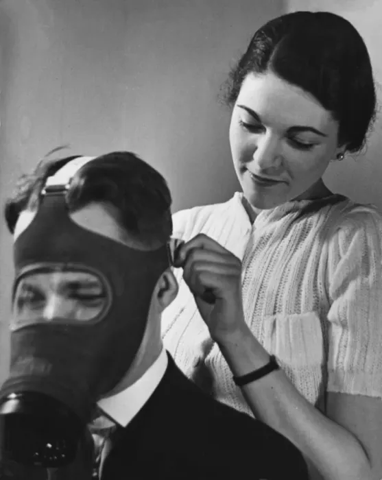 Framed Print : Gas Mask fitting, World War II Framed Print : Gas Mask fitting, World War II