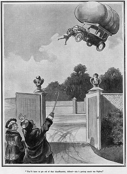 Gas powered car with lady chauffeur, WW1 cartoon