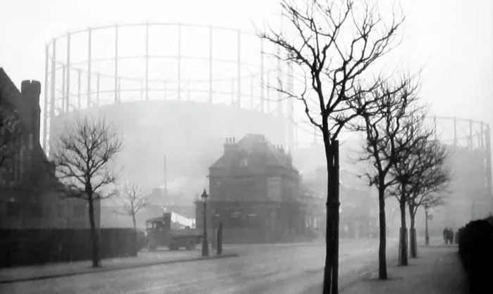 Framed Print : Gasometers in the early morning mist, probably 1920s Framed Print : Gasometers in the early morning mist, probably 1920s