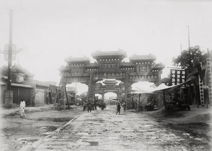 Framed Print : Gate and street, likely Peking, Beijing, China Framed Print : Gate and street, likely Peking, Beijing, China
