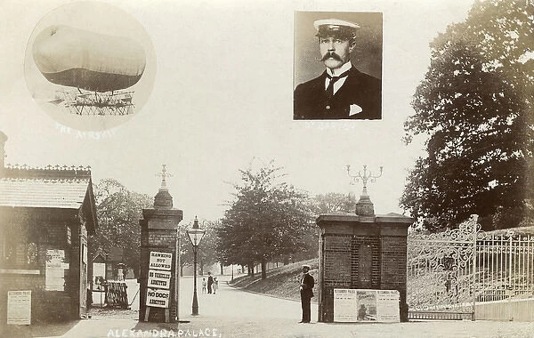 Gates to Alexandra Palace Park and Airship pilot Dr Barton