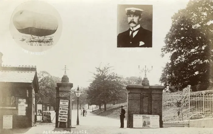 Framed Print : Gates to Alexandra Palace Park and Airship pilot Dr Barton Framed Print : Gates to Alexandra Palace Park and Airship pilot Dr Barton