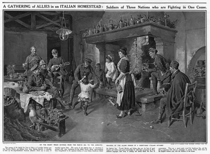 Framed Print : Gathering of Allies in an Italian home, WW1 Framed Print : Gathering of Allies in an Italian home, WW1
