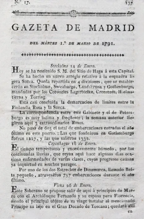 Framed Print : Gazette of Madrid. 18th century. Number 17. 1791. Royal Prin Framed Print : Gazette of Madrid. 18th century. Number 17. 1791. Royal Prin