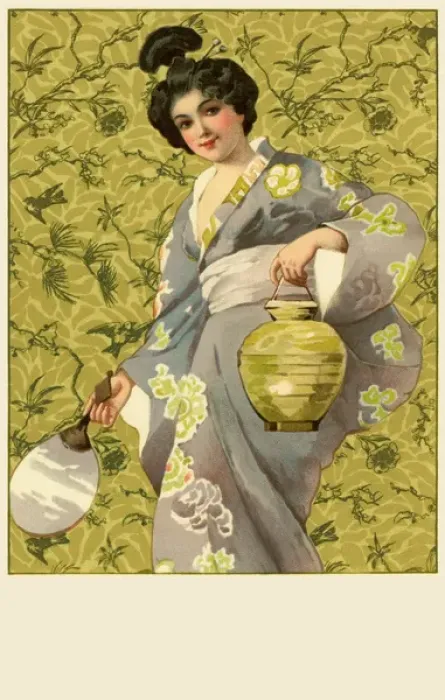 Framed Print : Geisha. Japanese geisha girl in grey kimono and white sash holding uchiwa Framed Print : Geisha. Japanese geisha girl in grey kimono and white sash holding uchiwa