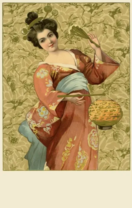 Framed Print : Geisha. Japanese geisha girl in red kimono and blue sash holding fan and lantern Framed Print : Geisha. Japanese geisha girl in red kimono and blue sash holding fan and lantern