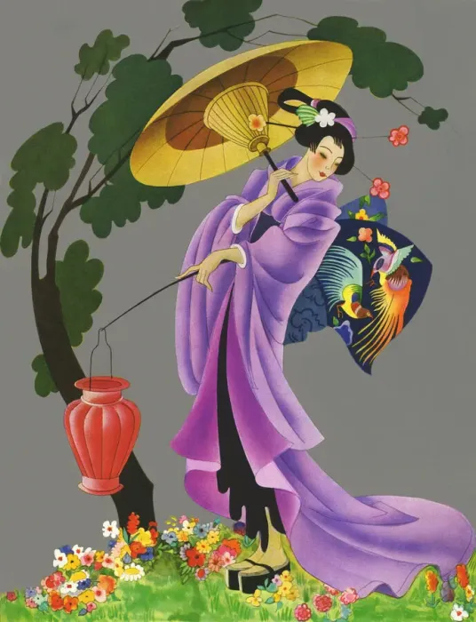 Framed Print : Geisha. Illustration of geisha in purple dress carrying a lantern and parasol. Date: 1936 Framed Print : Geisha. Illustration of geisha in purple dress carrying a lantern and parasol. Date: 1936