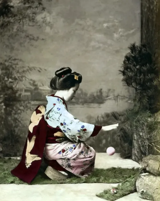 Framed Print : Geisha bouncing a ball, Japan Framed Print : Geisha bouncing a ball, Japan