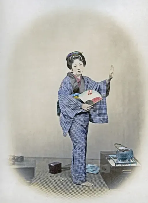 Framed Print : Geisha with a fan, Japan, circa 1870s Framed Print : Geisha with a fan, Japan, circa 1870s