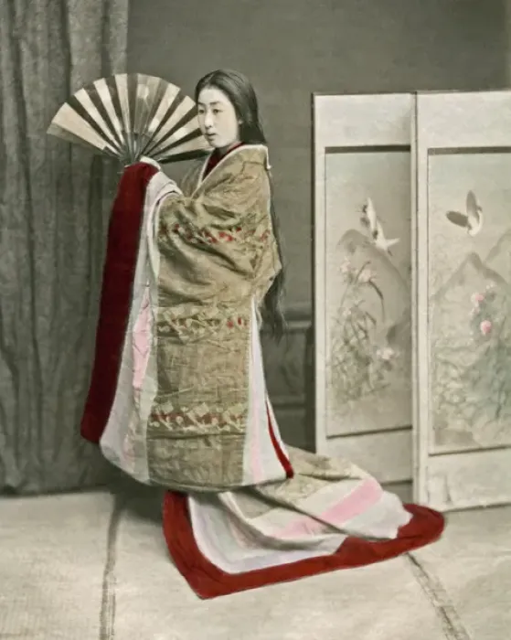 Framed Print : Geisha with hair down and fan Framed Print : Geisha with hair down and fan