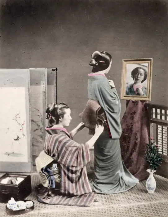 Framed Print : Geisha having her obi sash tied, Japan Framed Print : Geisha having her obi sash tied, Japan
