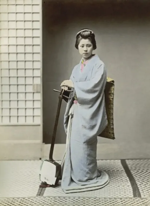 Framed Print : Geisha with Samisen, Japan Framed Print : Geisha with Samisen, Japan