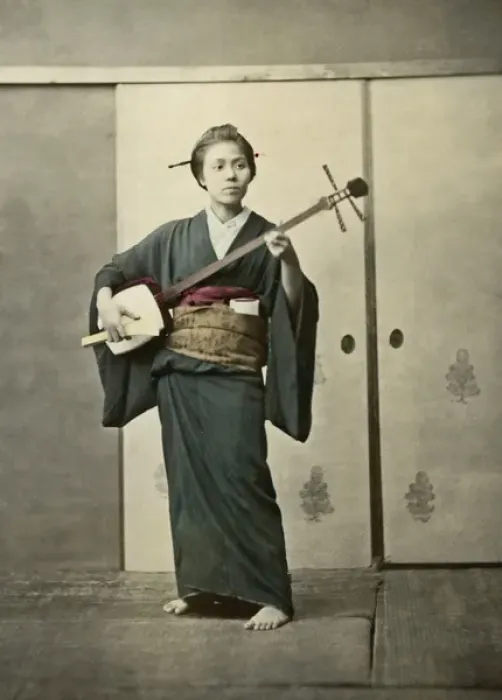 Framed Print : Geisha with Samisen, Japan Framed Print : Geisha with Samisen, Japan