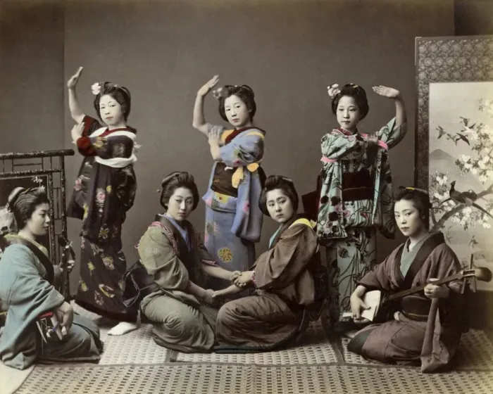 Framed Print : Geishas dancing and playing music, Japan Framed Print : Geishas dancing and playing music, Japan