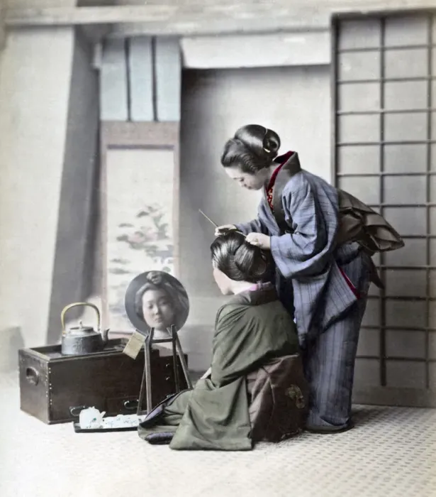 Framed Print : Geishas hairdressing, Japan, circa 1870s. Date: circa 1870s Framed Print : Geishas hairdressing, Japan, circa 1870s. Date: circa 1870s