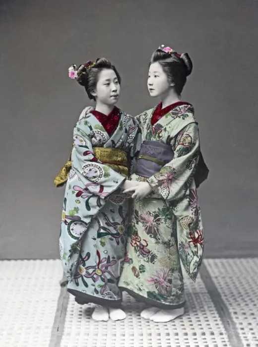 Framed Print : Geishas with ornate kimonos, Japan, circa 1880s. Date: circa 1880s Framed Print : Geishas with ornate kimonos, Japan, circa 1880s. Date: circa 1880s