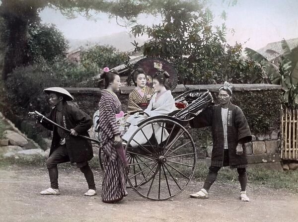 Geishas and a rickshaw, Japan, circa 1890