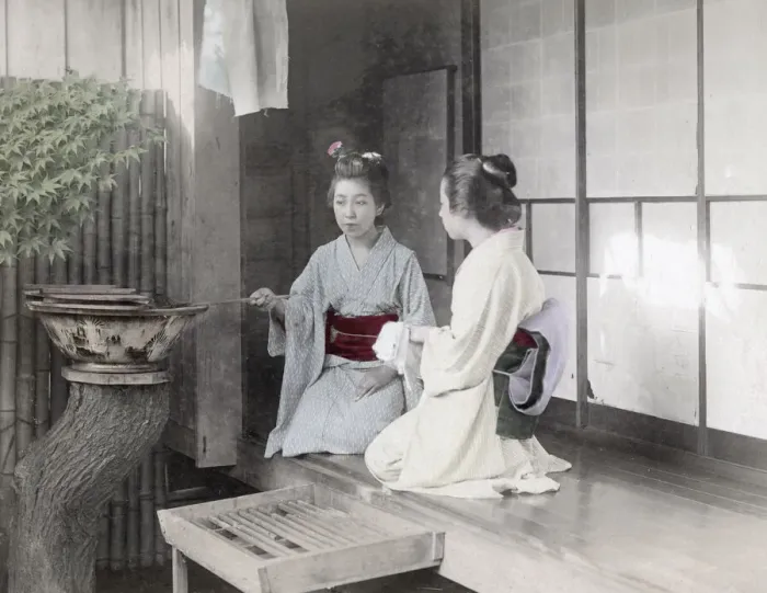Framed Print : Geishas on tea house veranda, Japan, c. 1890 Framed Print : Geishas on tea house veranda, Japan, c. 1890