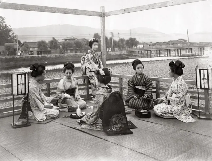 Framed Print : Geishas on a teahouse balcony, Japan, c. 1880 s Framed Print : Geishas on a teahouse balcony, Japan, c. 1880 s