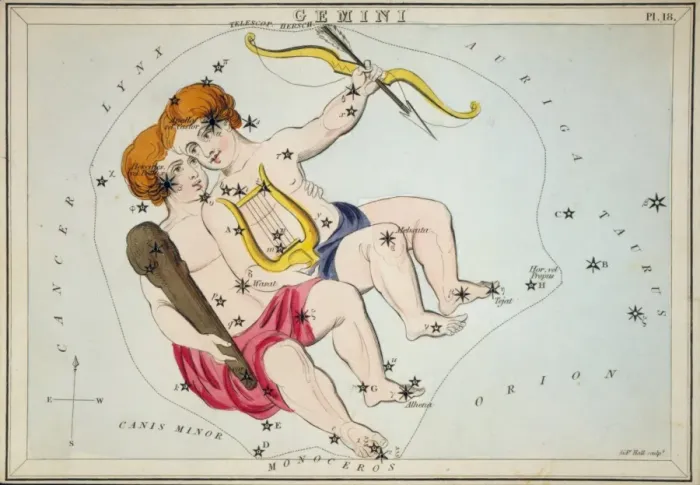 Framed Print : Gemini. Astronomical chart showing the twins Castor and Pollux forming the constellation Framed Print : Gemini. Astronomical chart showing the twins Castor and Pollux forming the constellation