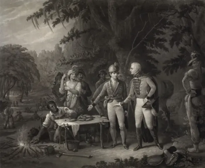 Framed Print : Gen. Marion in his swamp encampment inviting a British offic Framed Print : Gen. Marion in his swamp encampment inviting a British offic