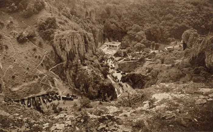 Framed Print : General aerial view, Gough's Caves, Cheddar, Somerset, with Cave Man Restaurant and parking area. Date: circa 1930 Framed Print : General aerial view, Gough's Caves, Cheddar, Somerset, with Cave Man Restaurant and parking area. Date: circa 1930