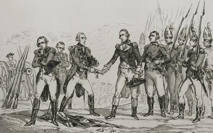 Framed Print : General John Burgoyne's surrender after Battlle of Saratoga Framed Print : General John Burgoyne's surrender after Battlle of Saratoga