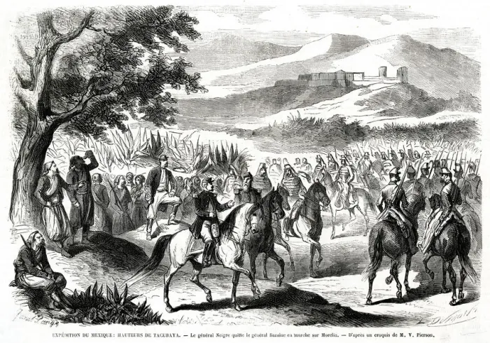 Framed Print : General Neigre leaves General Bazaine on march on Morelia Framed Print : General Neigre leaves General Bazaine on march on Morelia
