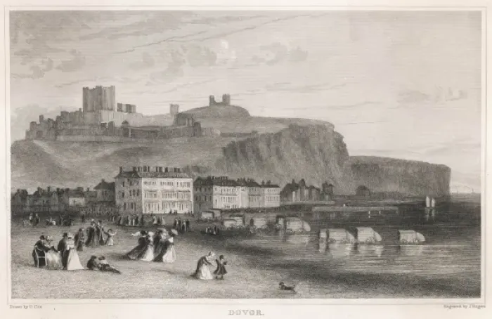 Framed Print : DOVER. General view of Dover, Kent, from the beach, with the castle in the distance Framed Print : DOVER. General view of Dover, Kent, from the beach, with the castle in the distance