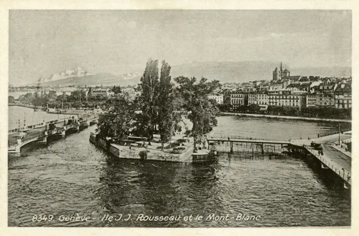 Framed Print : Geneva, Switzerland - Ile J J Rousseau and Mont Blanc Framed Print : Geneva, Switzerland - Ile J J Rousseau and Mont Blanc
