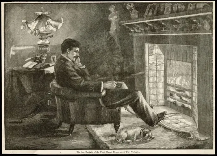 Framed Print : Gent and Dog by a Fire Framed Print : Gent and Dog by a Fire