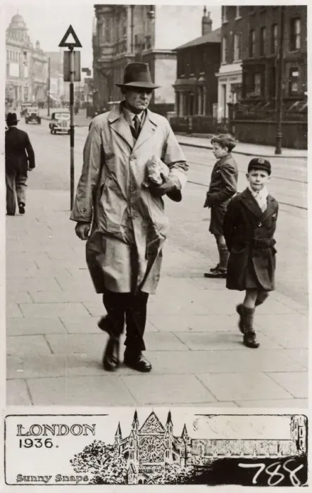 Framed Print : Gent in Raincoat and young schoolboy (his son?) - London Framed Print : Gent in Raincoat and young schoolboy (his son?) - London
