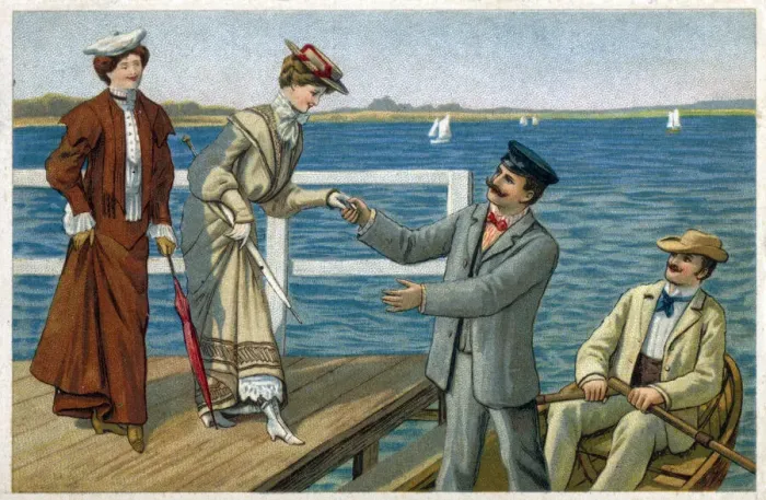 Framed Print : Gentleman assists a lady to board a small rowing boat Framed Print : Gentleman assists a lady to board a small rowing boat