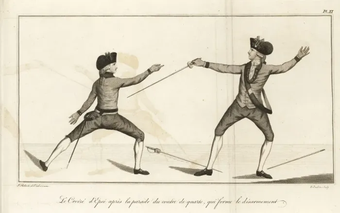 Framed Print : Gentleman fencer disarming his opponent, 18th century Framed Print : Gentleman fencer disarming his opponent, 18th century