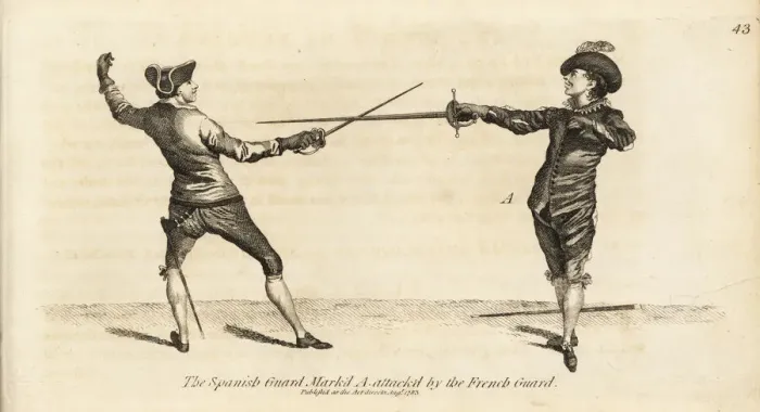 Framed Print : Gentleman fencer in the French Guard attack Framed Print : Gentleman fencer in the French Guard attack