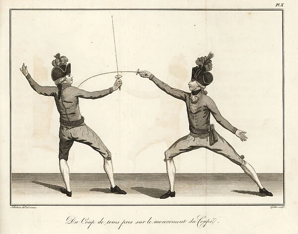 Gentleman fencer lunging and striking an opponent