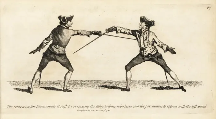 Framed Print : Gentleman fencer making the return on the Flanconade thrust