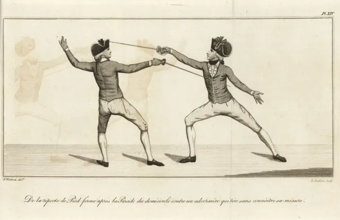 Framed Print : Gentleman fencer running through his opponent, 18th century Framed Print : Gentleman fencer running through his opponent, 18th century