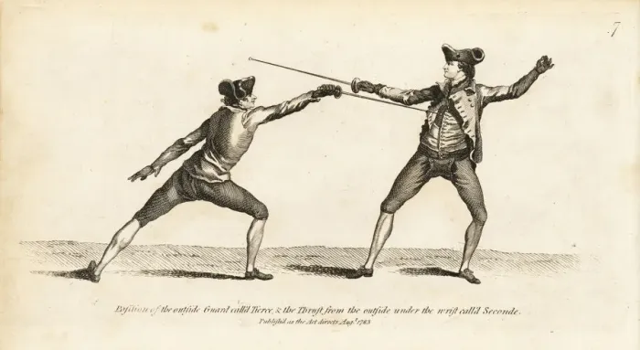 Framed Print : Gentleman fencers in thrust and guard positions Framed Print : Gentleman fencers in thrust and guard positions