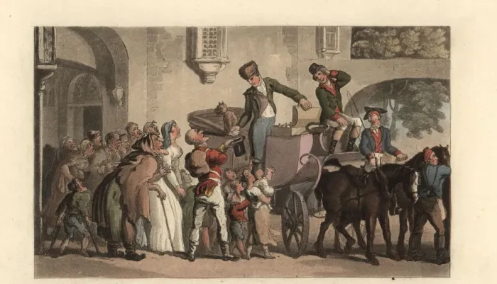 Framed Print : Gentleman giving out medicines to beggars, 18th century Framed Print : Gentleman giving out medicines to beggars, 18th century